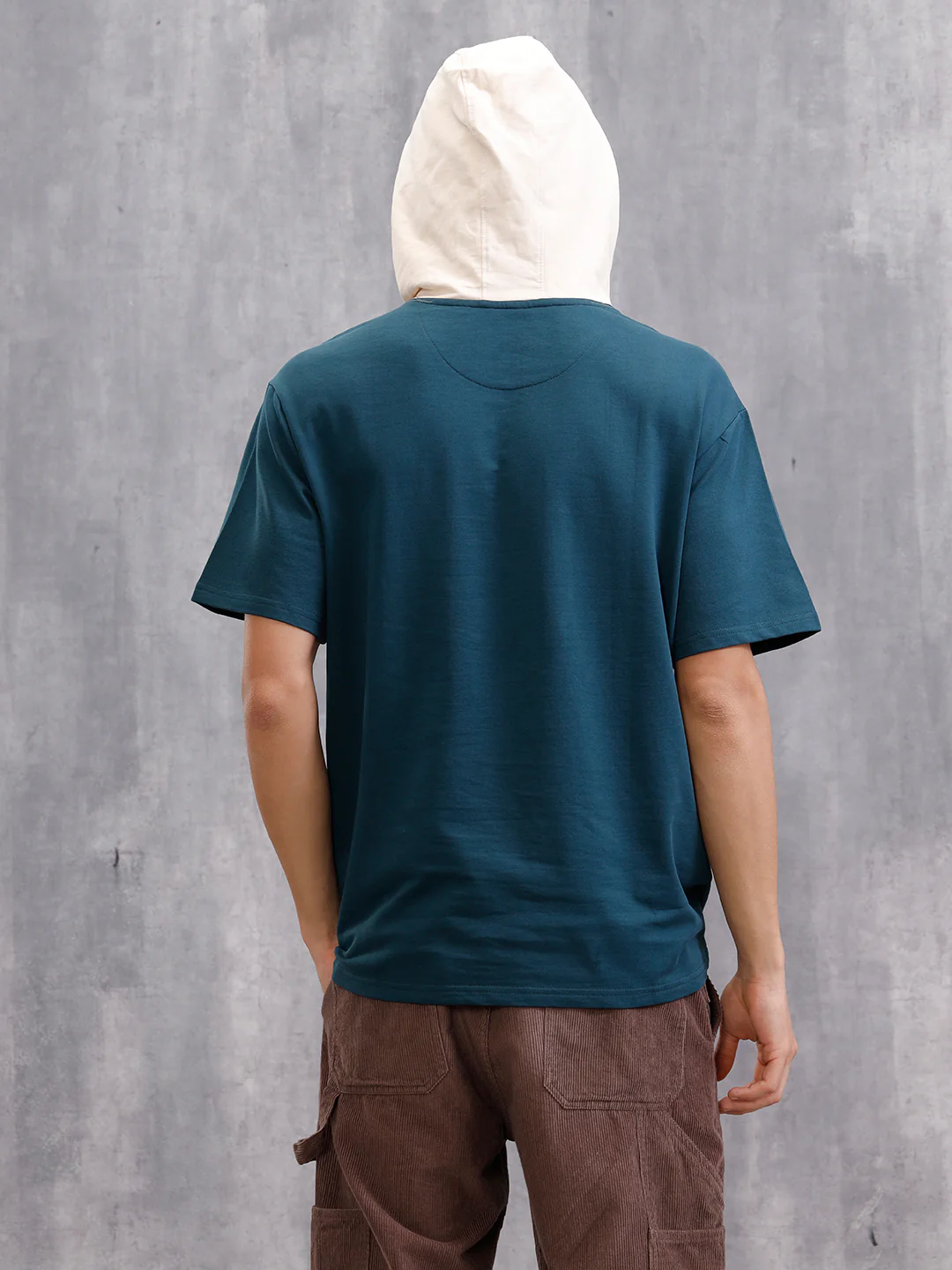 Asymmetrical Colorblocked Textured Hoodie With Printed Canvas Patch | Teal - Image 3