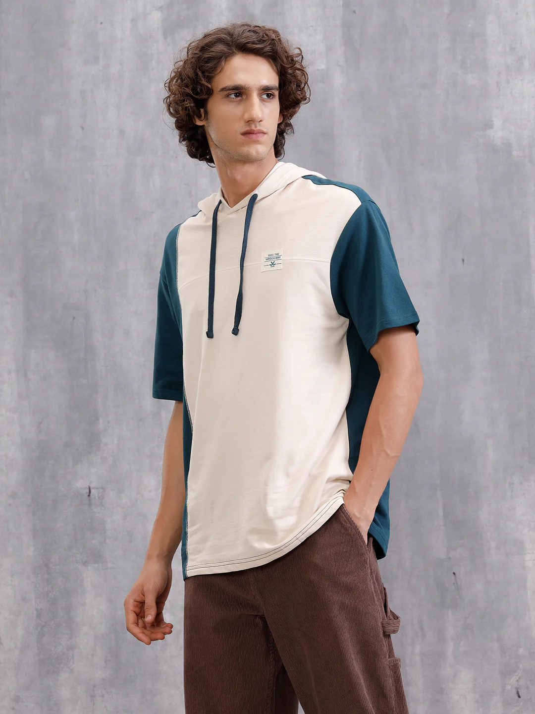 Asymmetrical Colorblocked Textured Hoodie With Printed Canvas Patch | Teal - Image 5