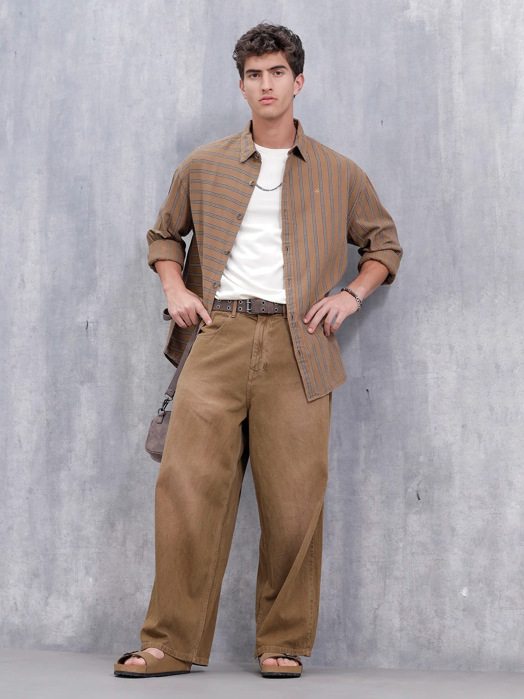 Asymmetrical Striped Oversized Shirt For Men | Brown - Image 2
