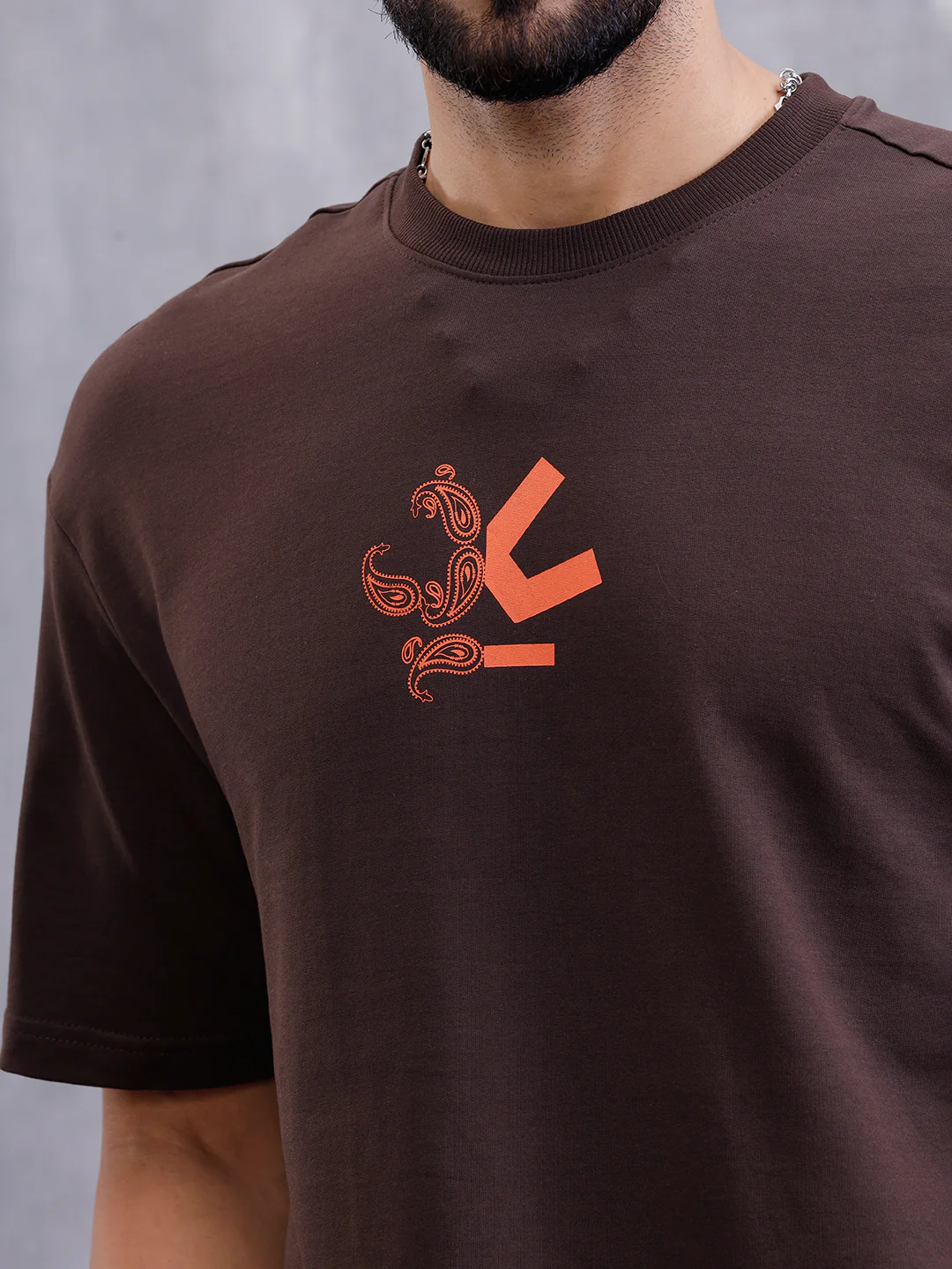 Bandana Inspired Oversized Back Print Crew Neck T-Shirt | Brown - Image 5