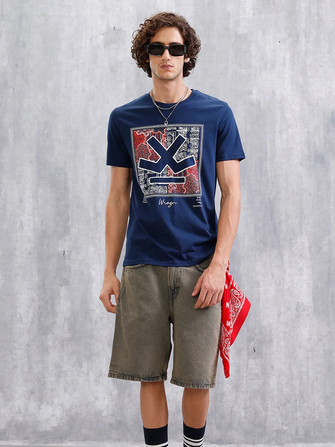 Bandana Logo Printed Slim Fit T-Shirt  | Navy Blue - Image 3