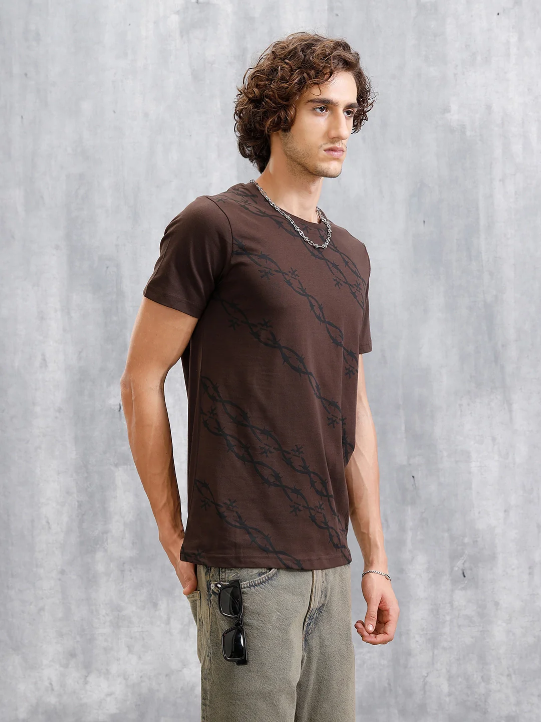 Barbed Wire AOP Slim Fit T-Shirt | Coffee - Image 4