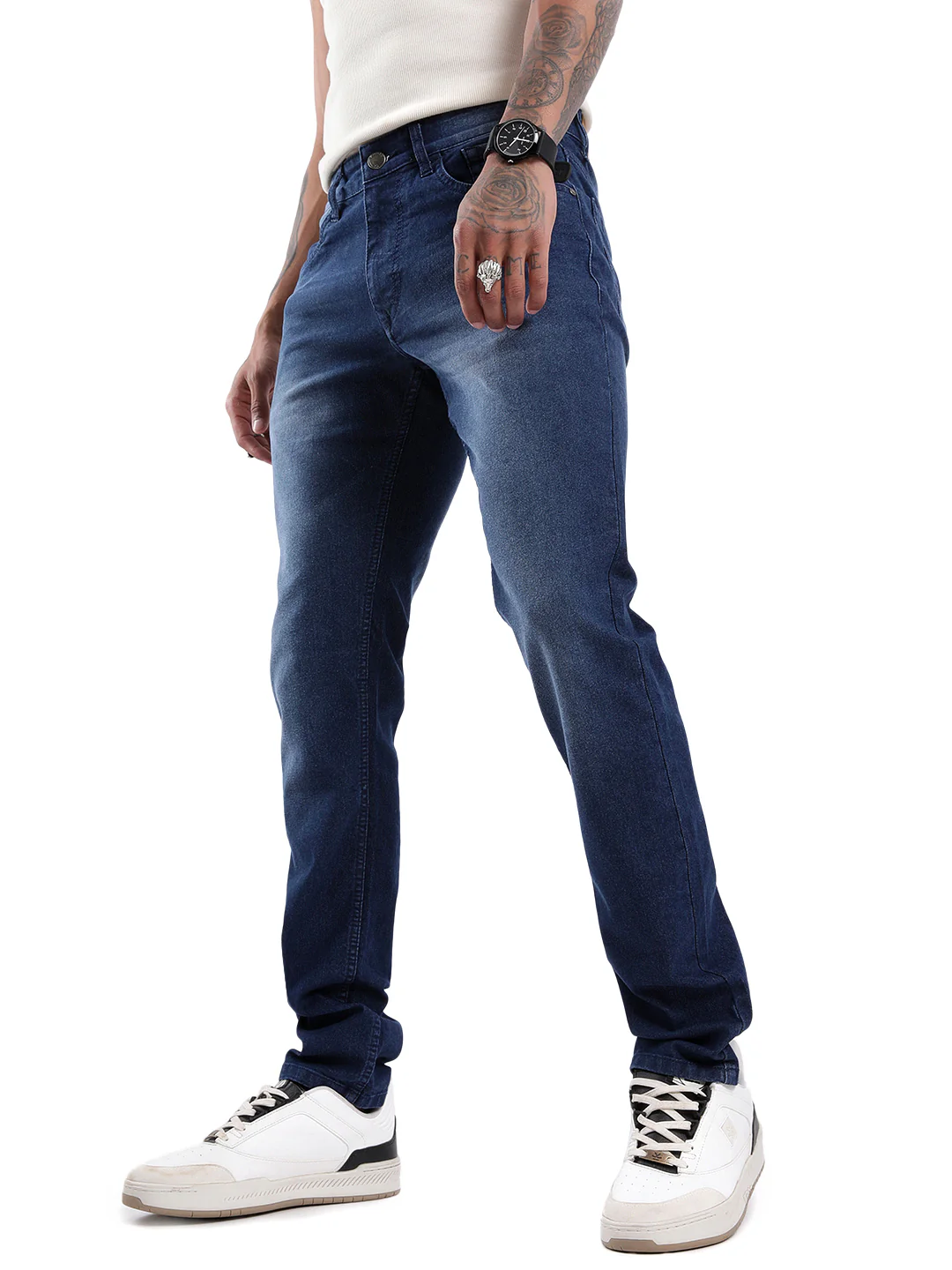 Basic Dark Blue Five Pocket Twill Jeans - Image 4