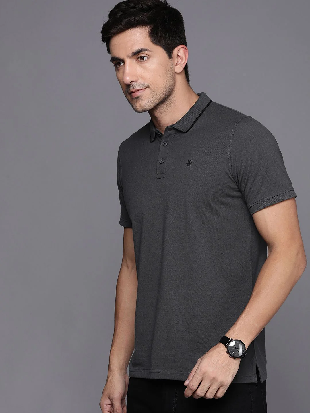 Basic Grey Polo Collar T-Shirt - Image 3