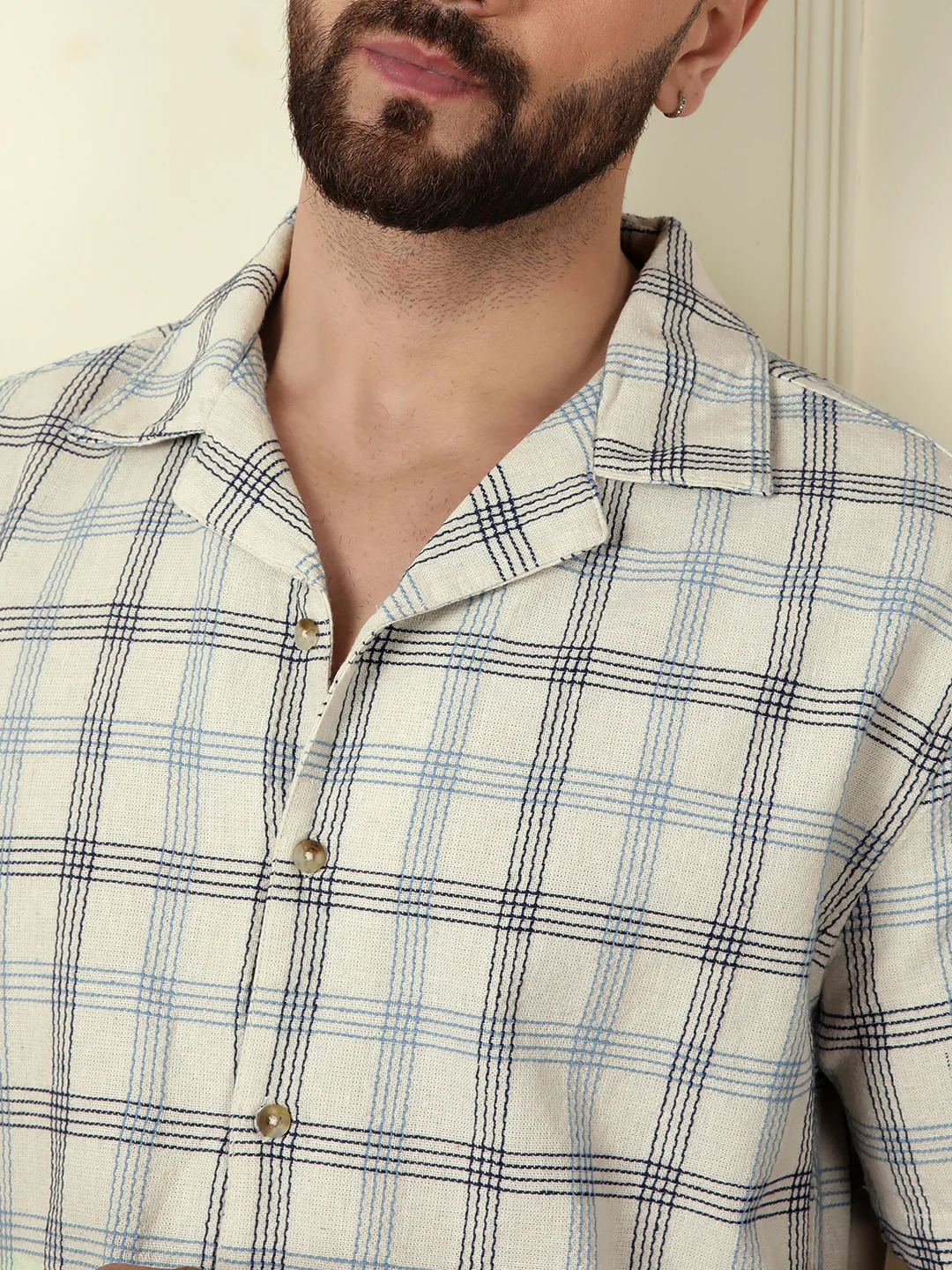 Checked Short Sleeve Textured Shirt | Beige - Image 5