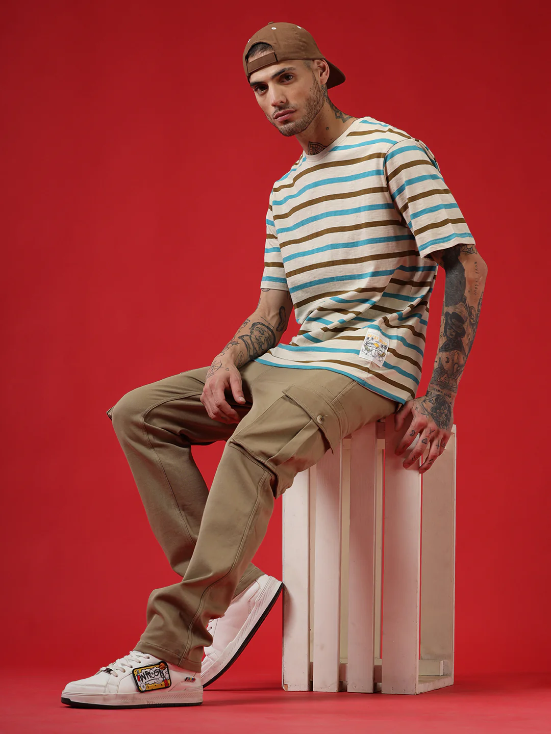 Beige Stripes Crew Neck T-Shirt - Image 2