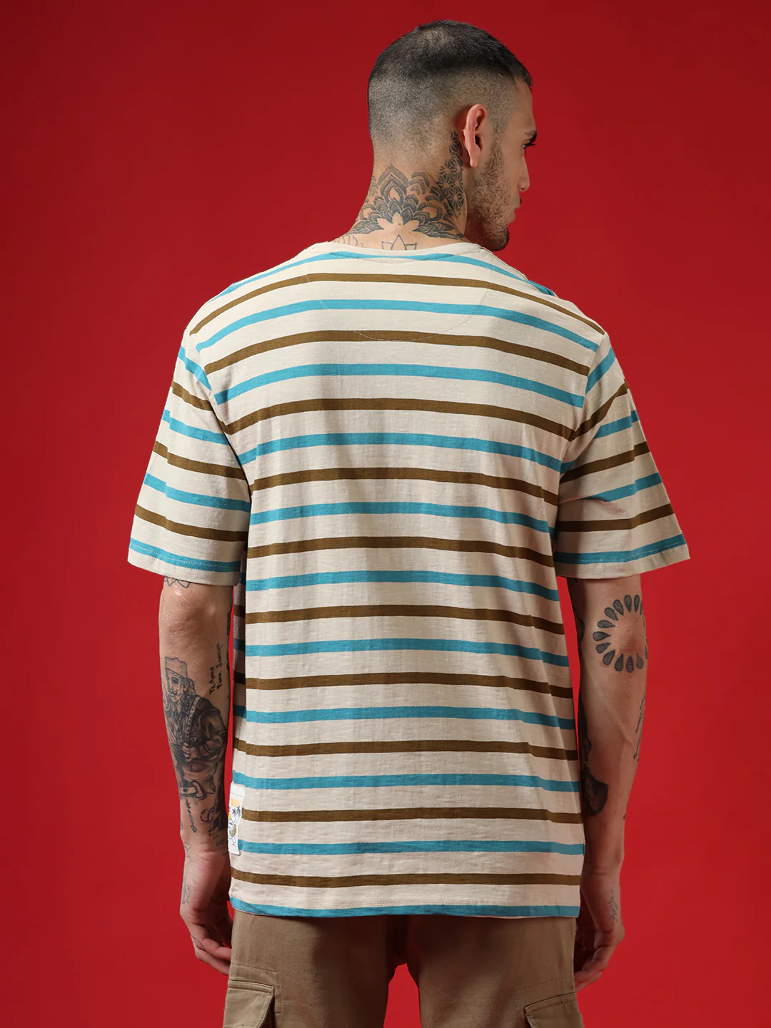 Beige Stripes Crew Neck T-Shirt - Image 3