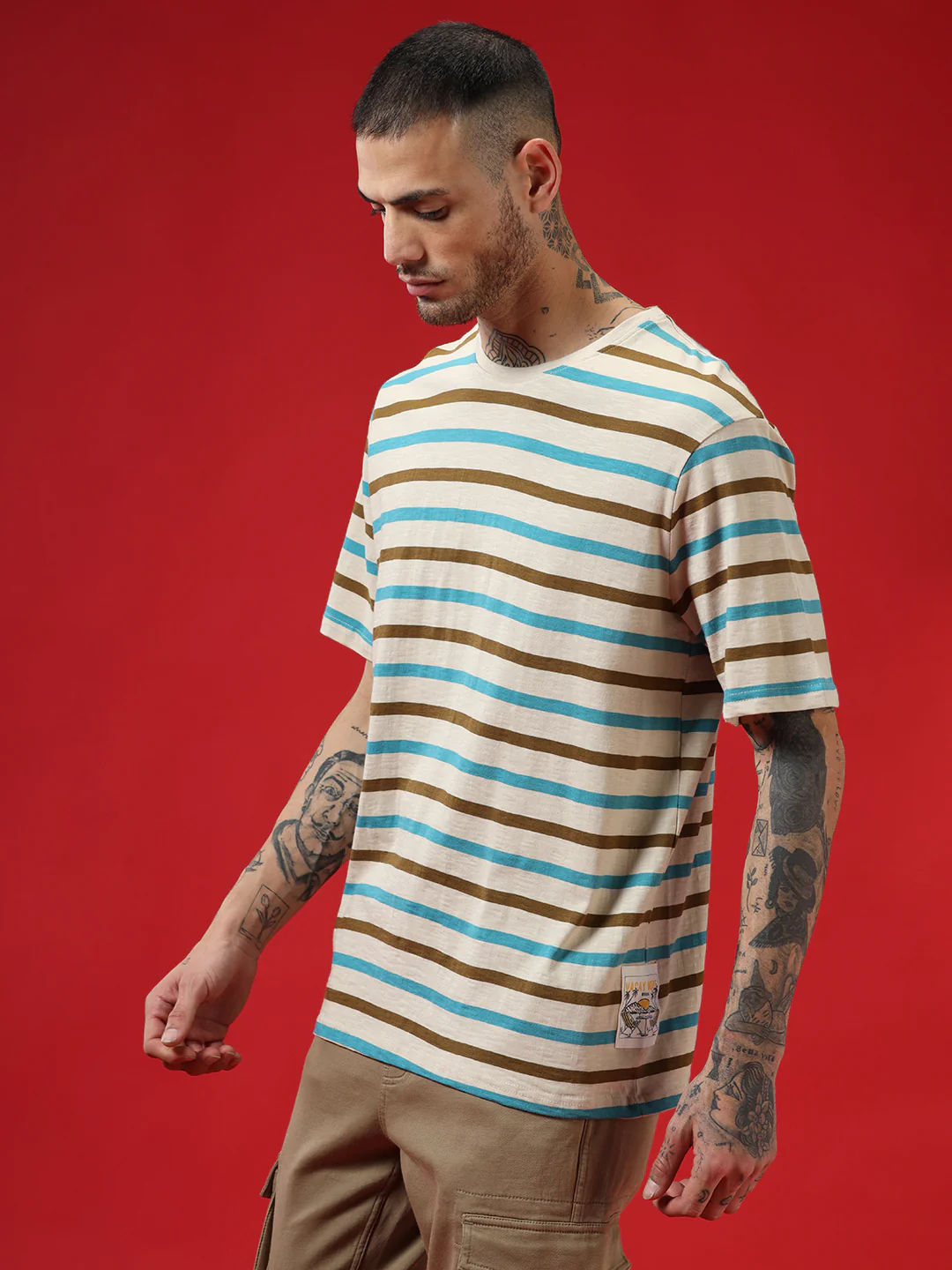 Beige Stripes Crew Neck T-Shirt - Image 4