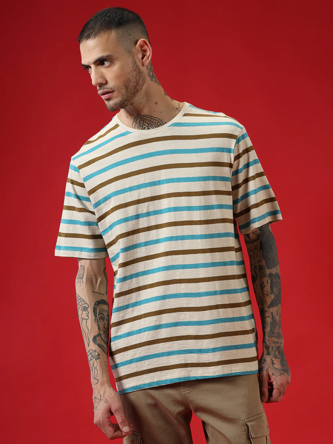 Beige Stripes Crew Neck T-Shirt - Image 5