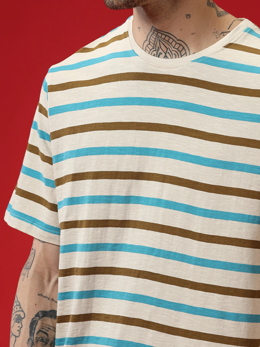 Beige Stripes Crew Neck T-Shirt - Image 6