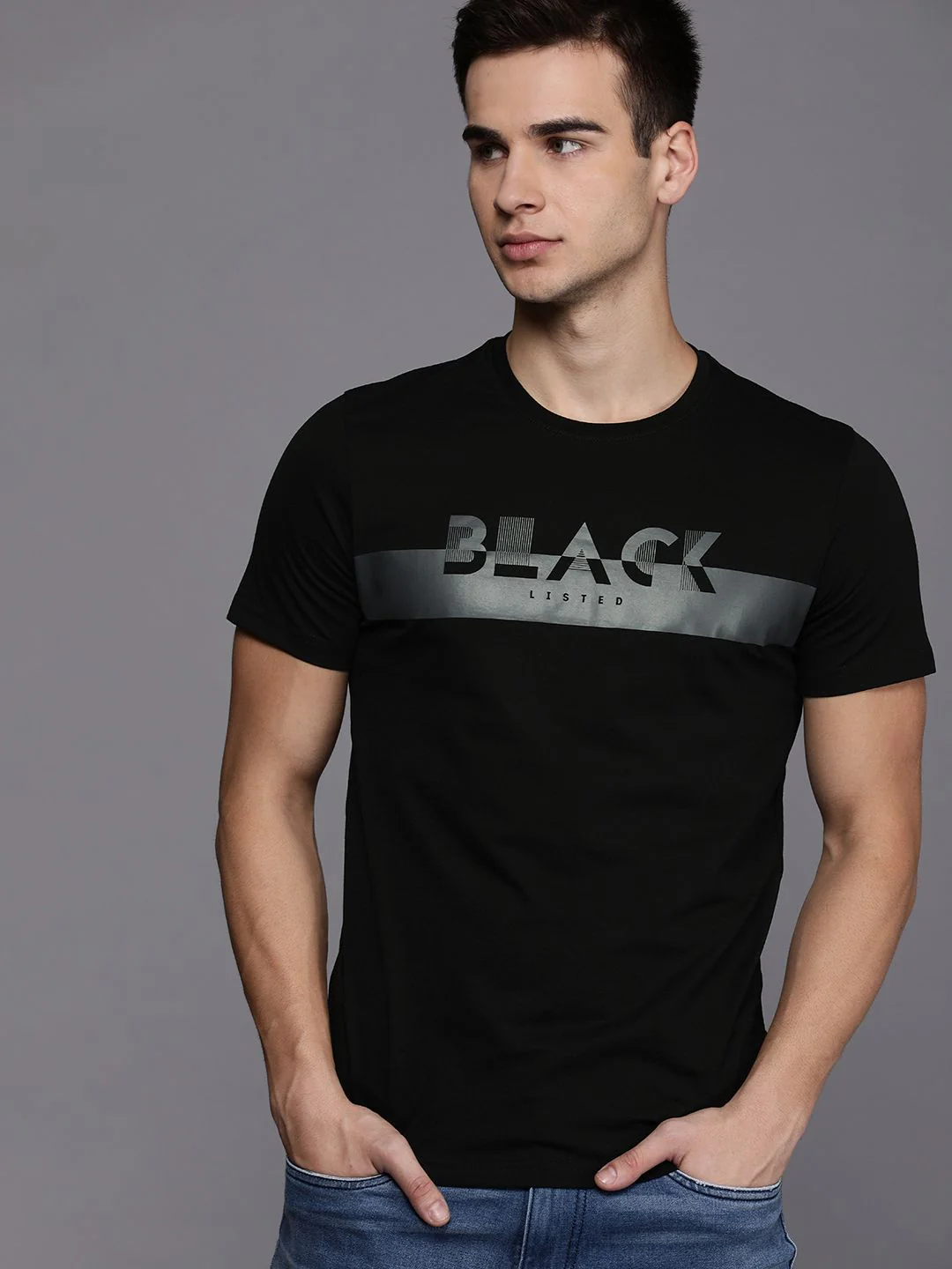 Black on Black Typographic Print T-Shirt - Image 2