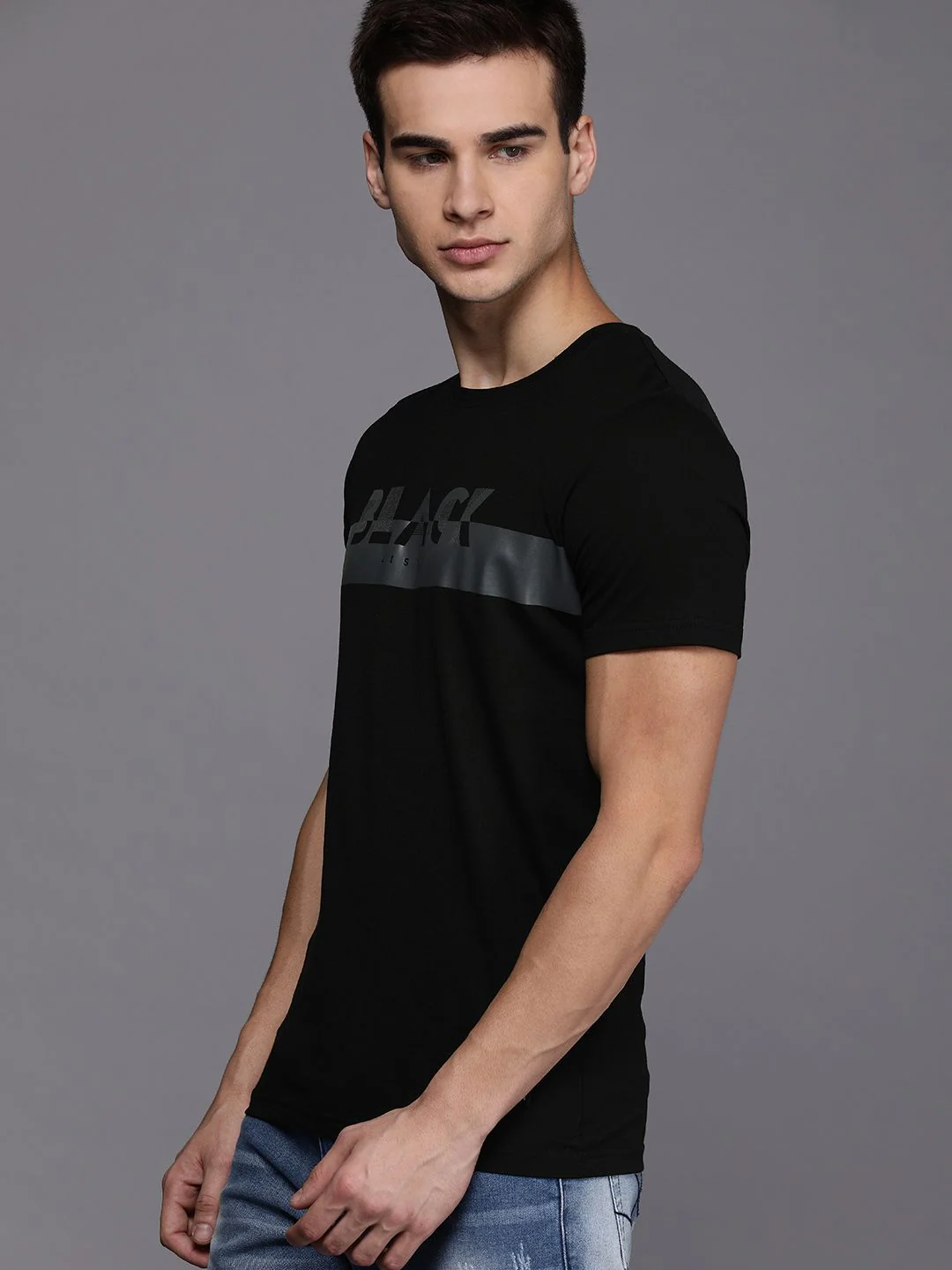 Black on Black Typographic Print T-Shirt - Image 4