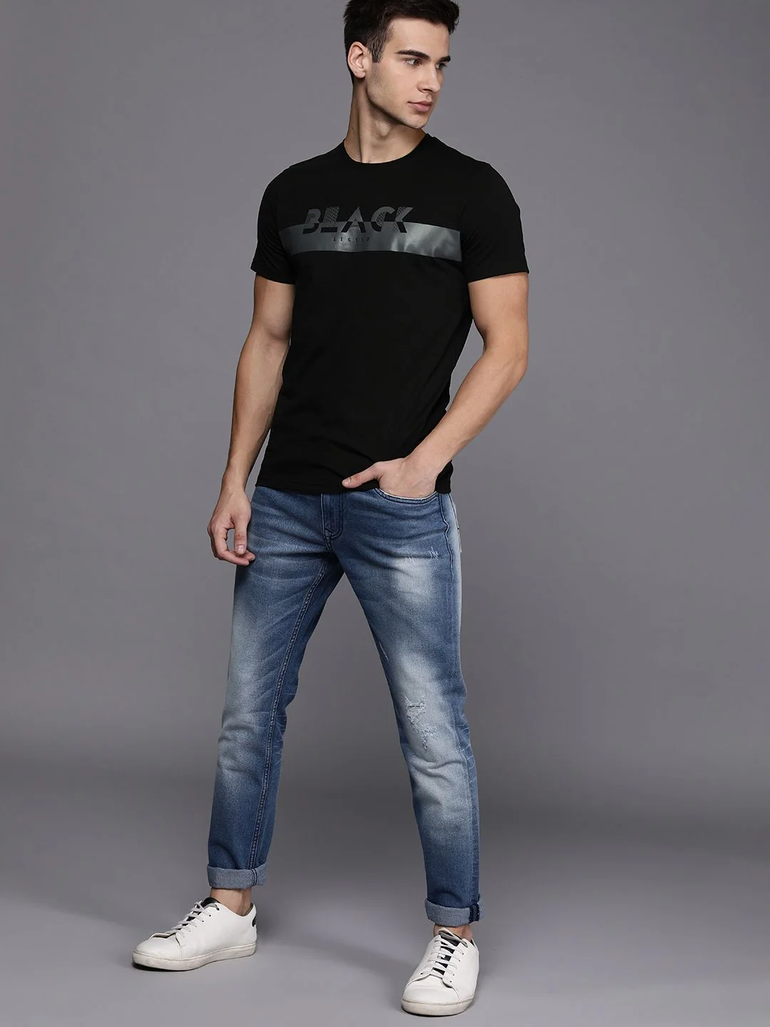 Black on Black Typographic Print T-Shirt - Image 6
