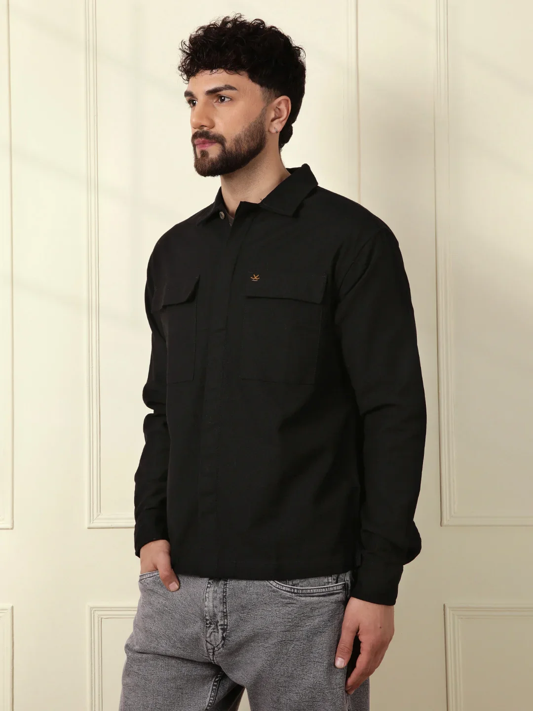 Solid Regular Fit Shacket | Black - Image 3