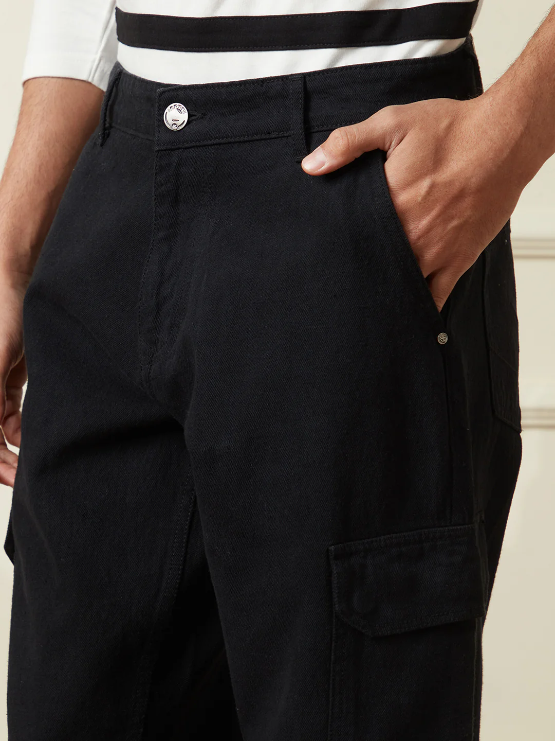 Solid Anti Fit Denim Cargo | Black - Image 5