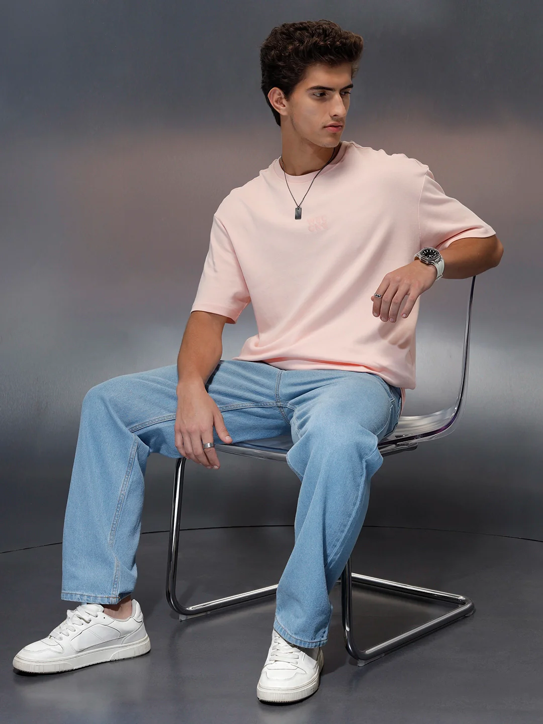 Branded men's casual oversized fit t-shirt | Pink - Image 2