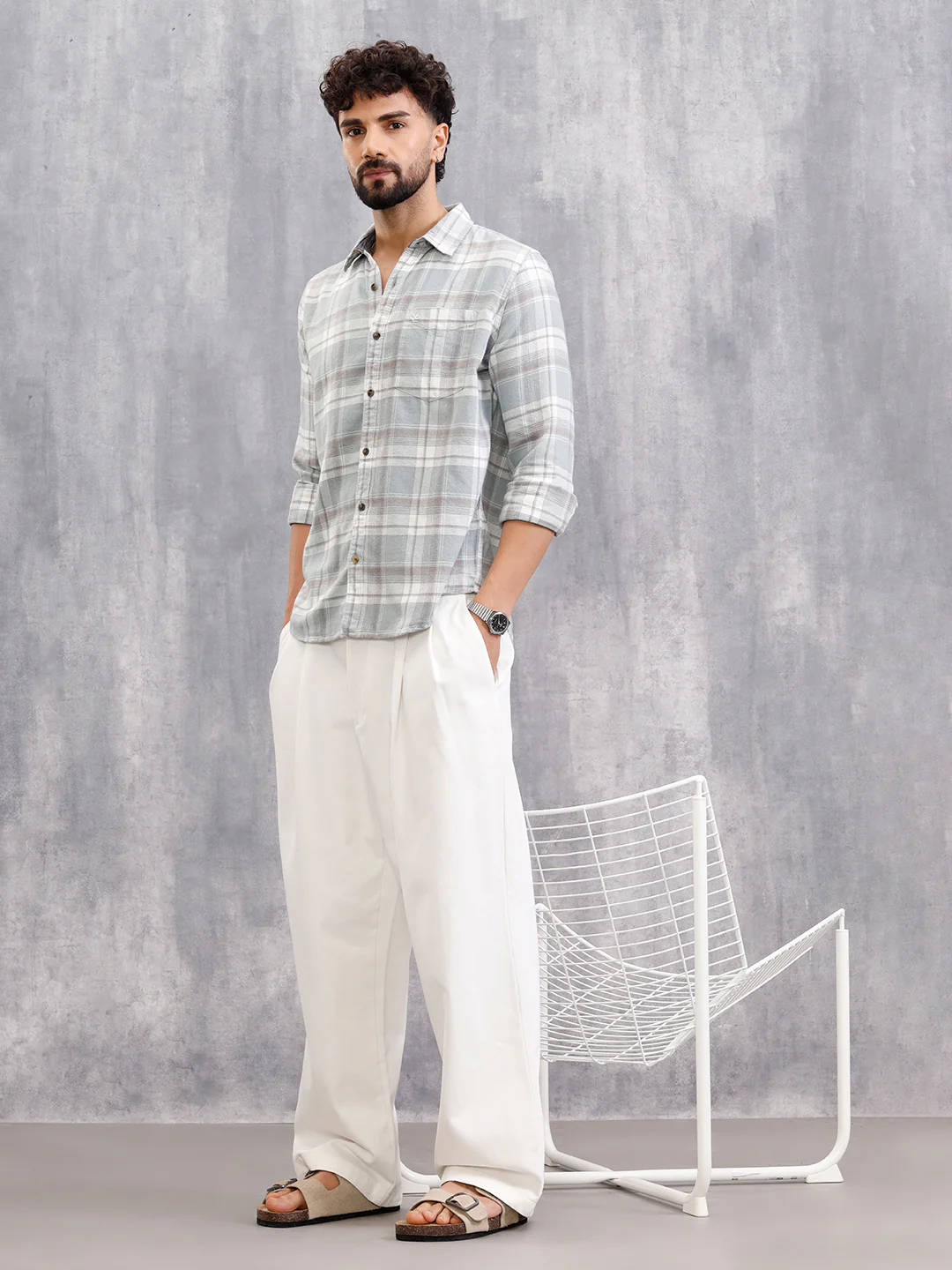 Brushed Flannel Check Shirt In Slim Fit| Light Blue - Image 2