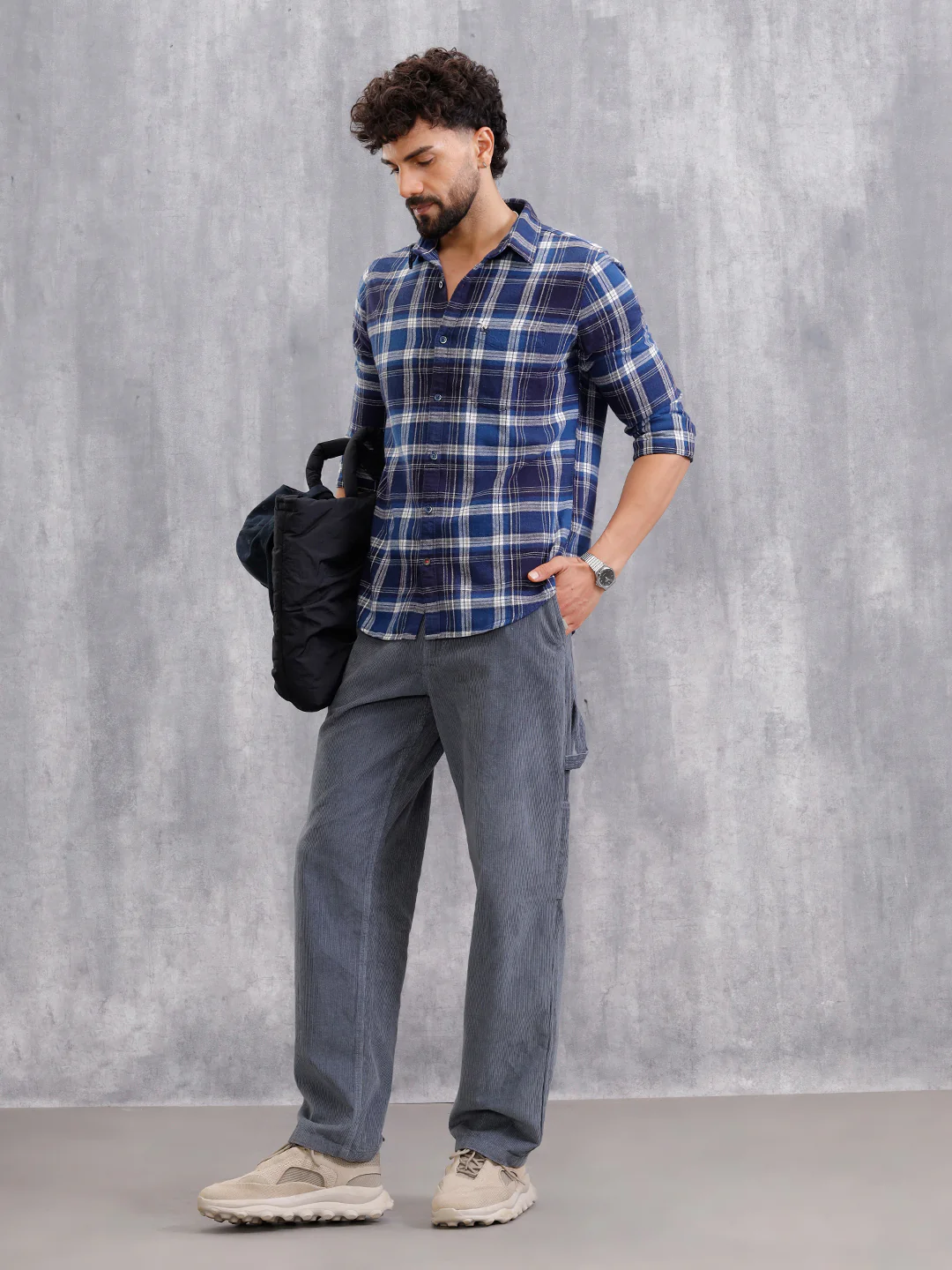 Brushed Flannel Check Shirt In Slim Fit  | Navy Blue - Image 2