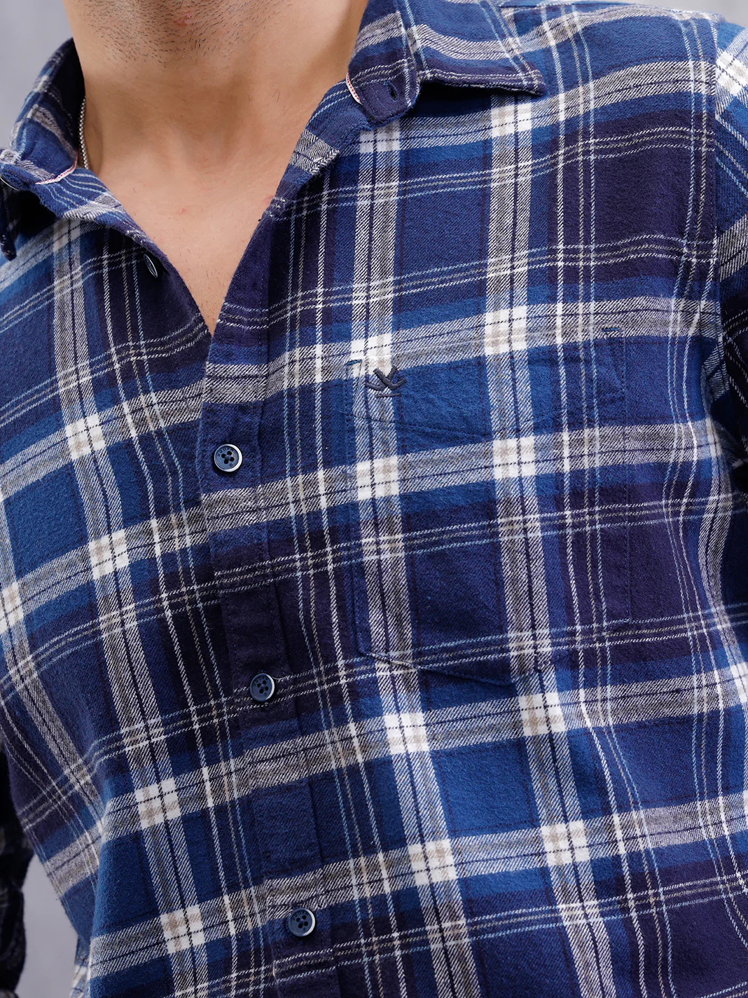 Brushed Flannel Check Shirt In Slim Fit  | Navy Blue - Image 4