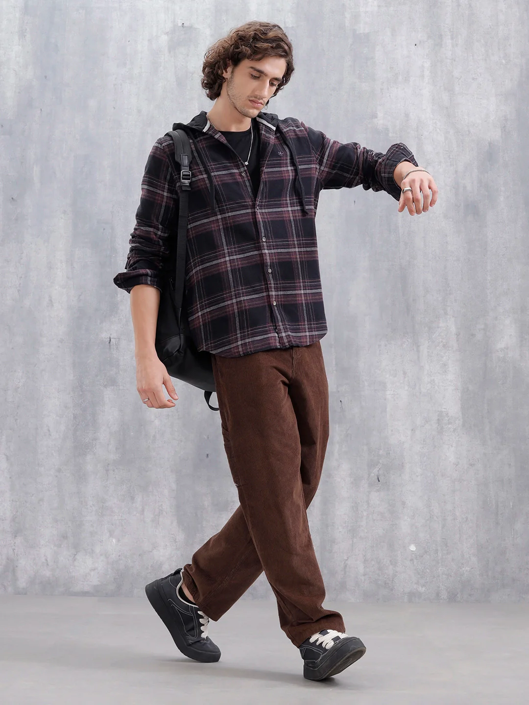 Brushed Flannel Hooded Slim Fit Check Shirt | Black - Image 2