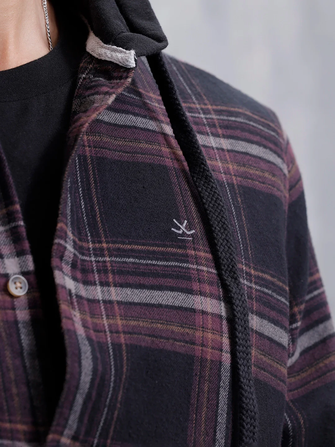 Brushed Flannel Hooded Slim Fit Check Shirt | Black - Image 5