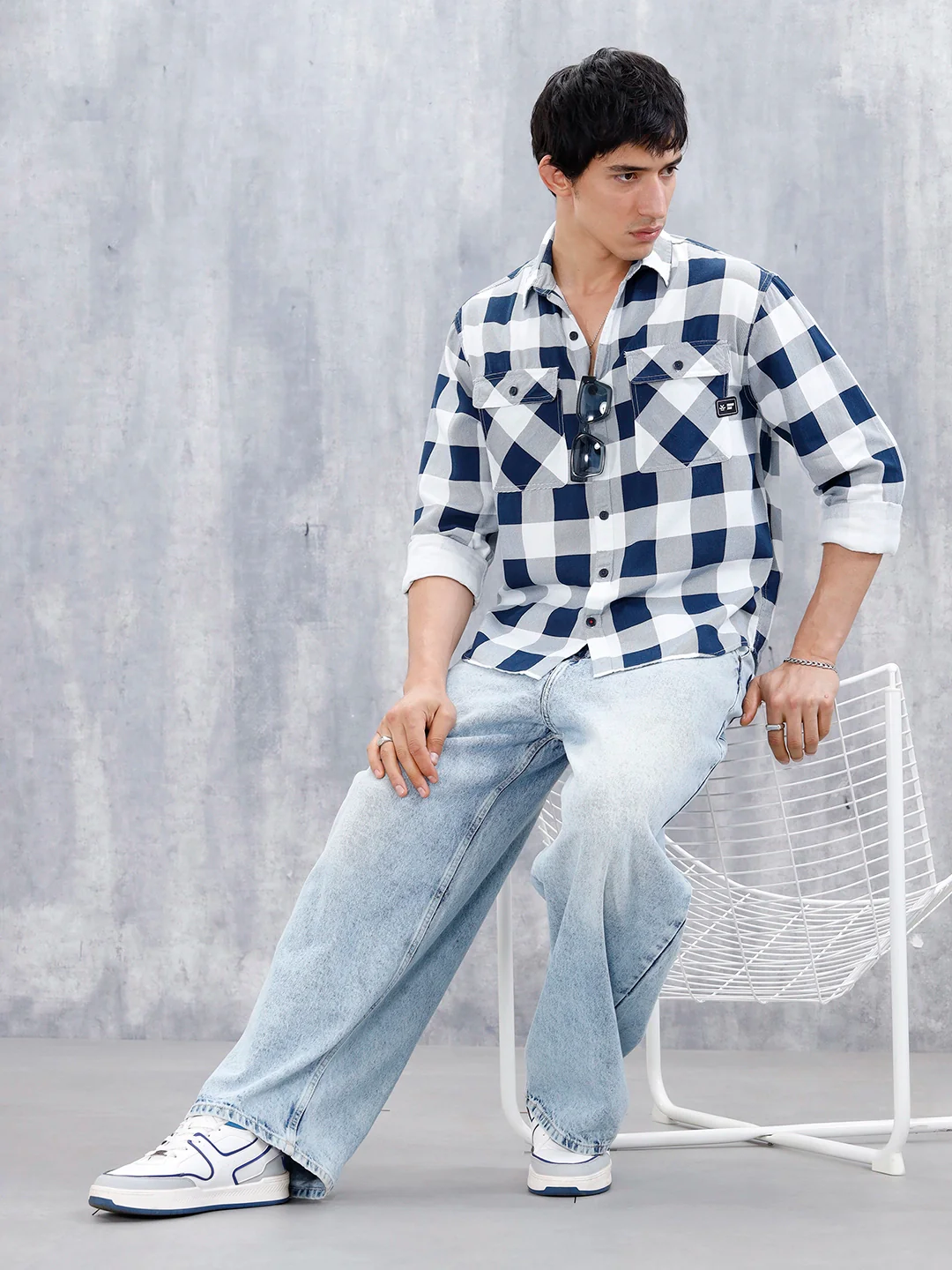 Casual Comfort Fit Checkered Pattern Shirt  | Navy Blue - Image 2