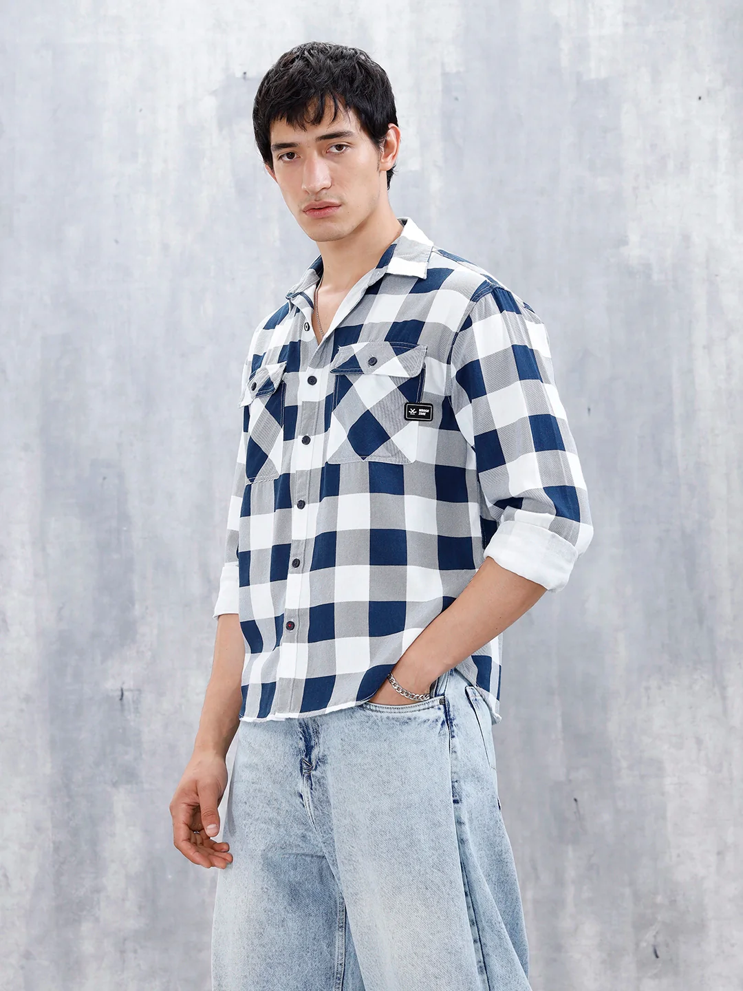 Casual Comfort Fit Checkered Pattern Shirt  | Navy Blue - Image 4