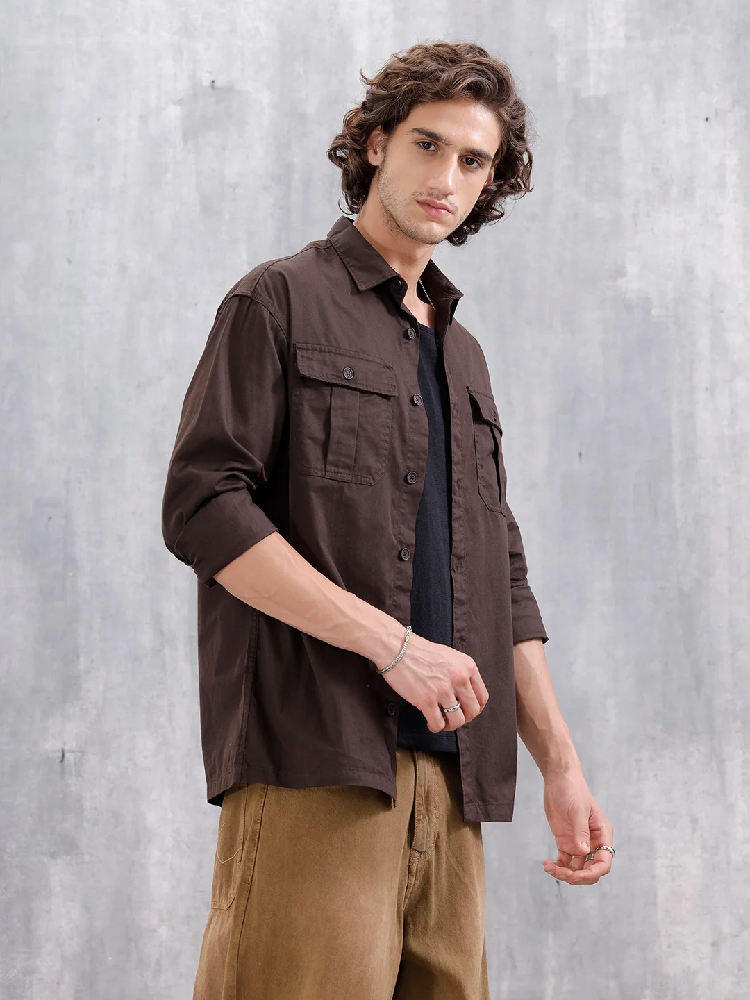 Casual Comfort Fit Shirt With Double Pockets | Brown - Image 6