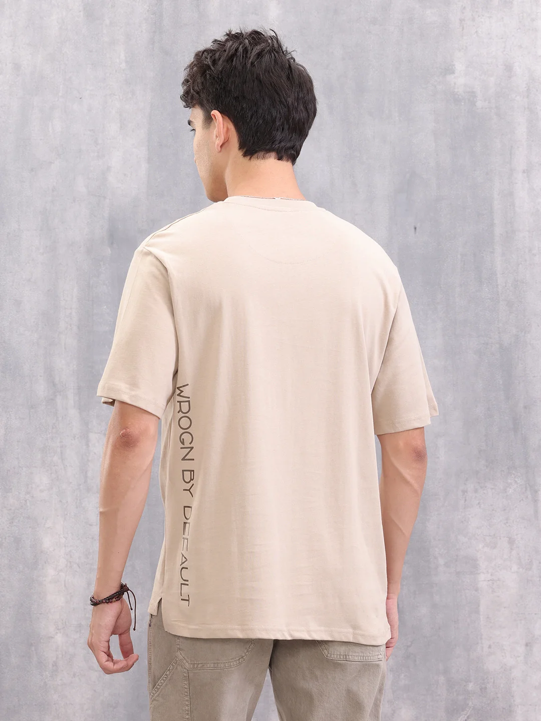 Casual Comfort Fit T-shirt With Typo Print And High Low Bottom Hem | Beige - Image 3