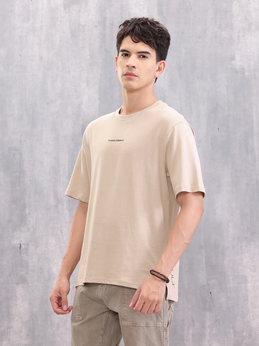 Casual Comfort Fit T-shirt With Typo Print And High Low Bottom Hem | Beige - Image 4