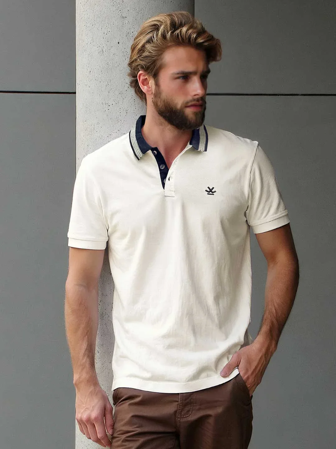 Casual Jacquard Collar Polo T-Shirt | Off White - Image 2