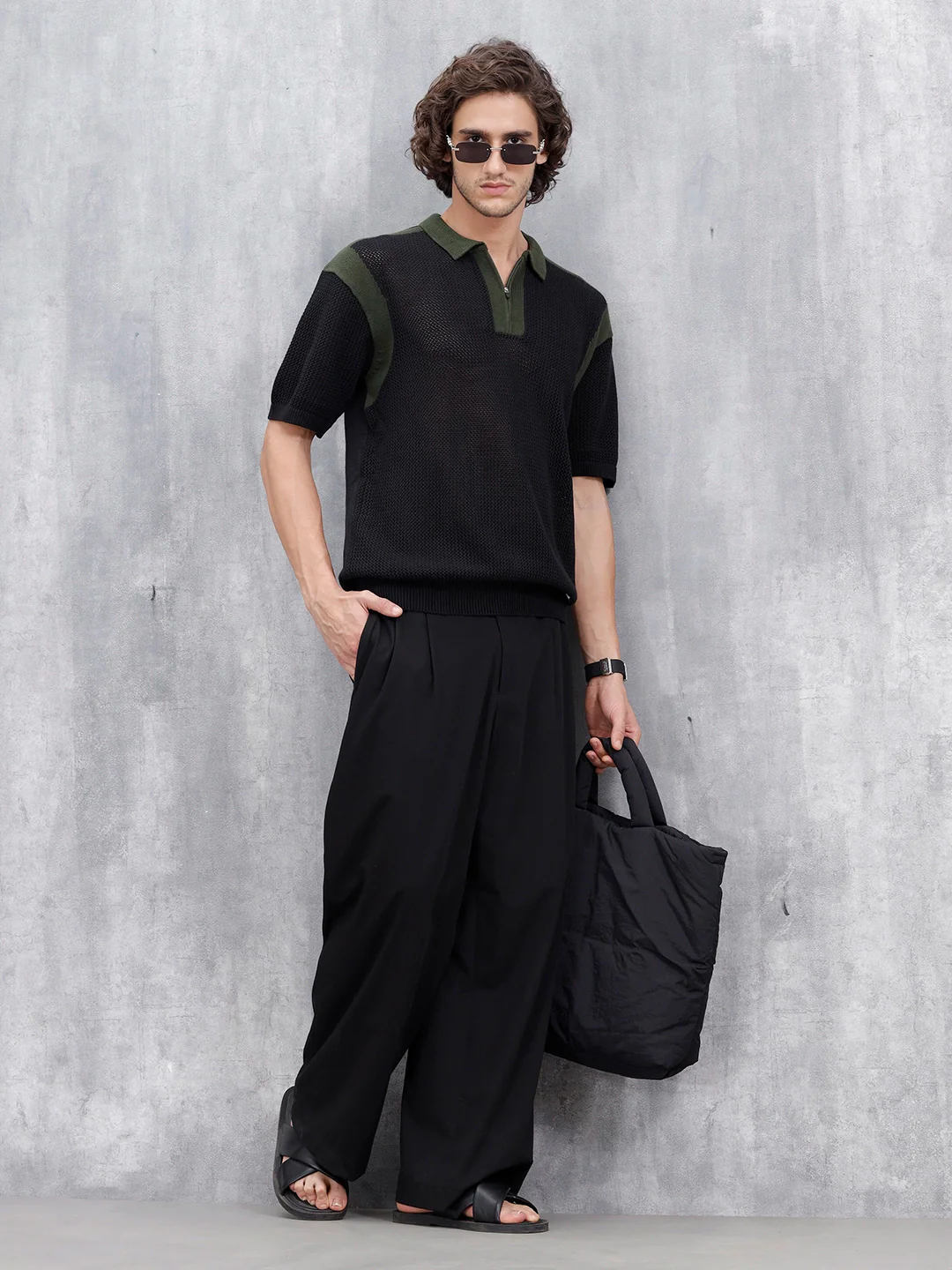 Casual Men Oversized Fit Flat Knit Polo T-shirt With Zipper | Black - Image 2