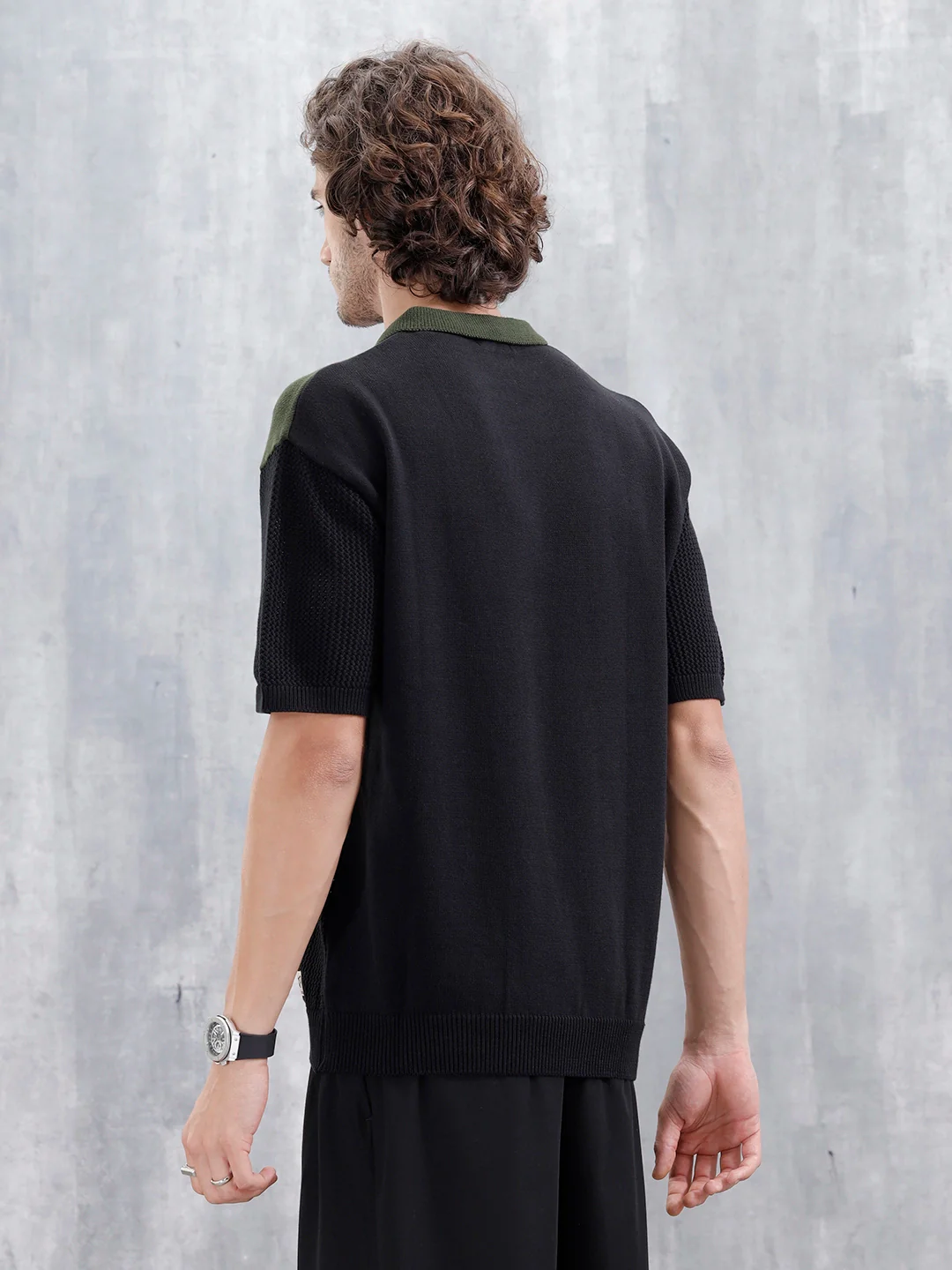 Casual Men Oversized Fit Flat Knit Polo T-shirt With Zipper | Black - Image 3