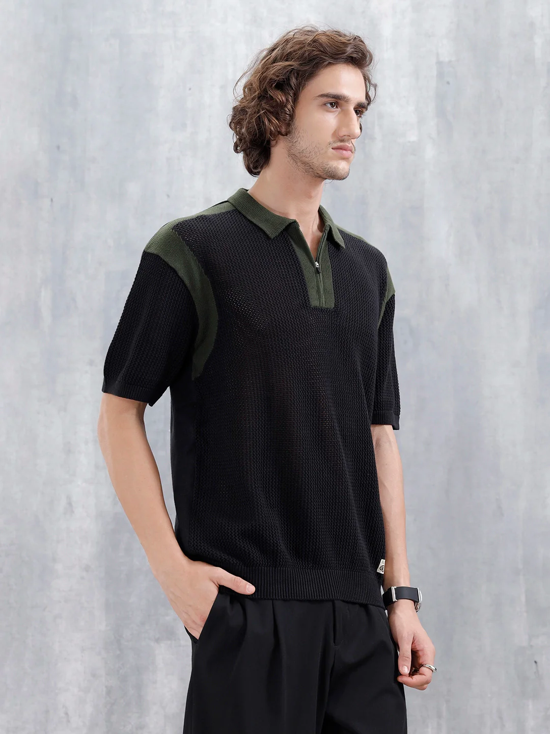 Casual Men Oversized Fit Flat Knit Polo T-shirt With Zipper | Black - Image 4