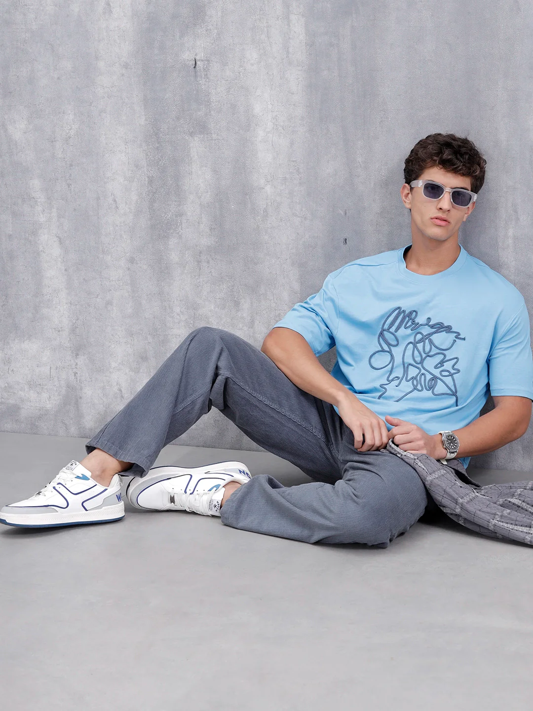Casual Men Oversized Fit Tee With Cord Detailing | Blue - Image 2