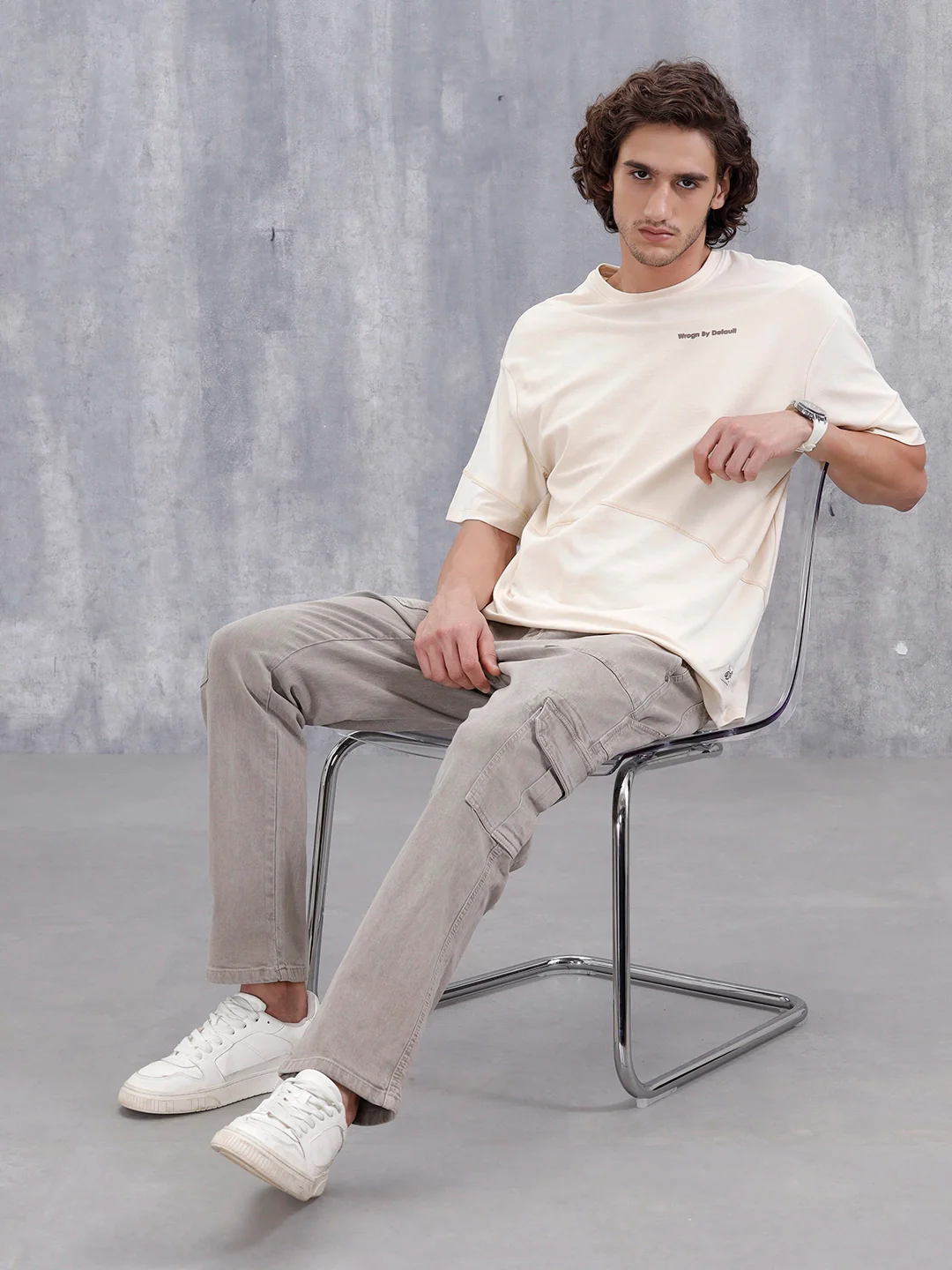 Casual Men Oversized Fit Tee With Flat Lock Detail | Beige - Image 2