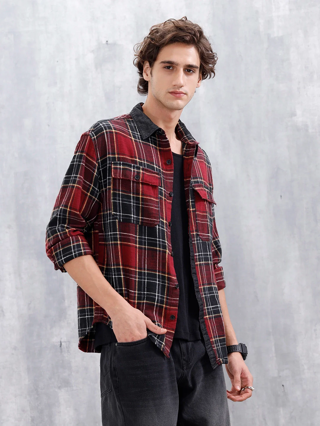 Casual Oversized Fit Checkered Pattern Shirt | Red - Image 4