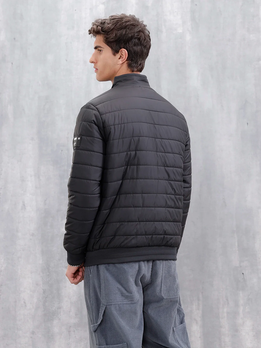 Casual Regular Fit Stand Collar Puffer Jacket | Black - Image 3