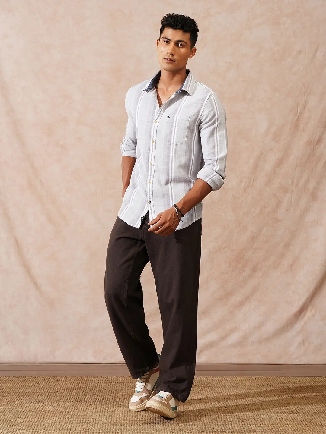 Casual Striped Herringbone Shirt | Grey - Image 2