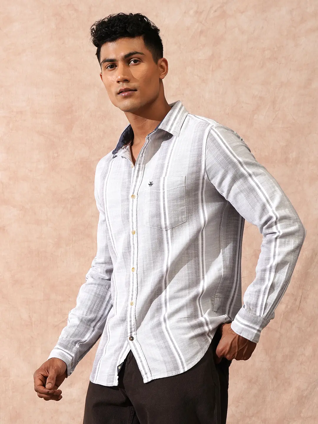 Casual Striped Herringbone Shirt | Grey - Image 4