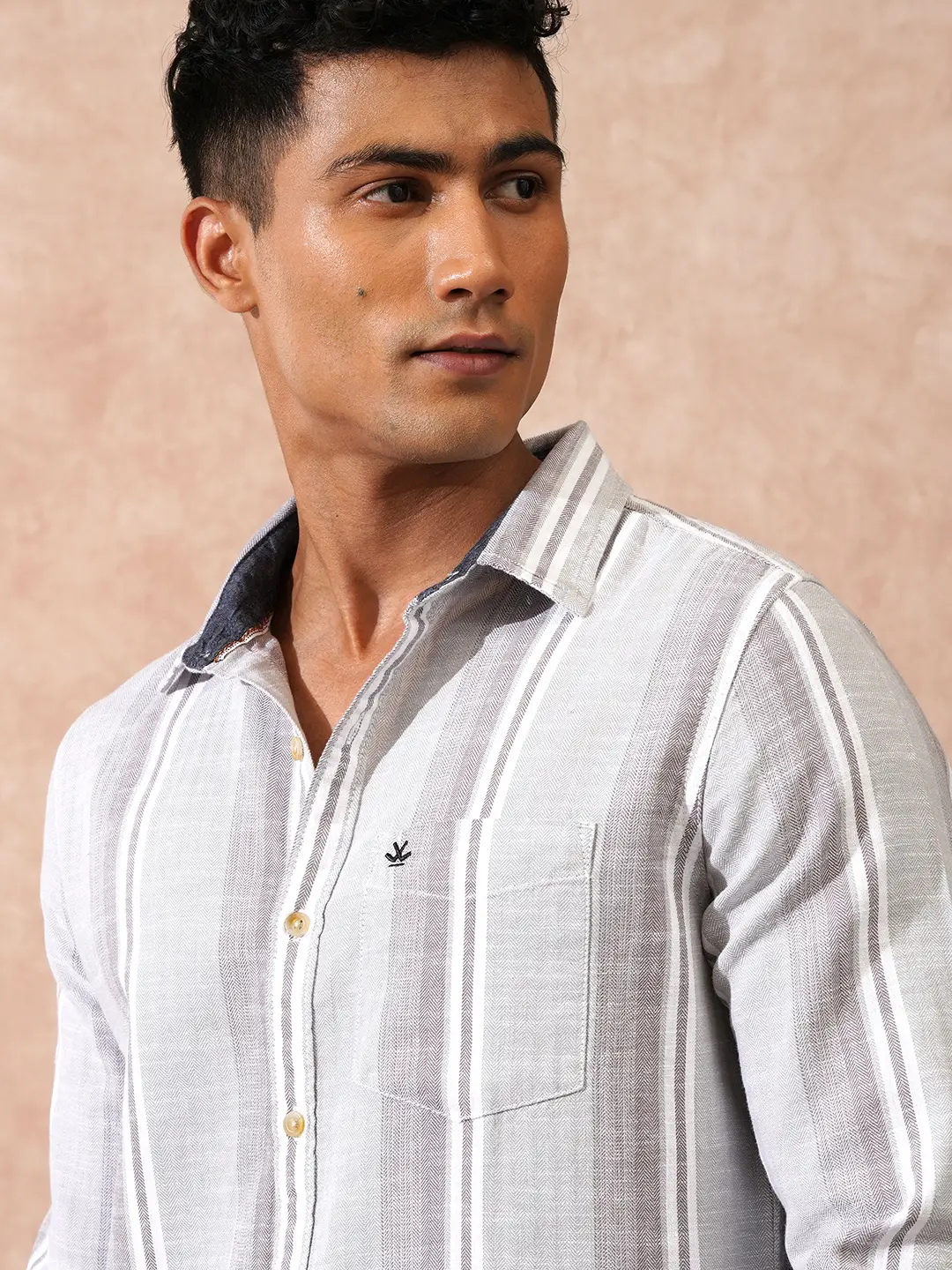 Casual Striped Herringbone Shirt | Grey - Image 5