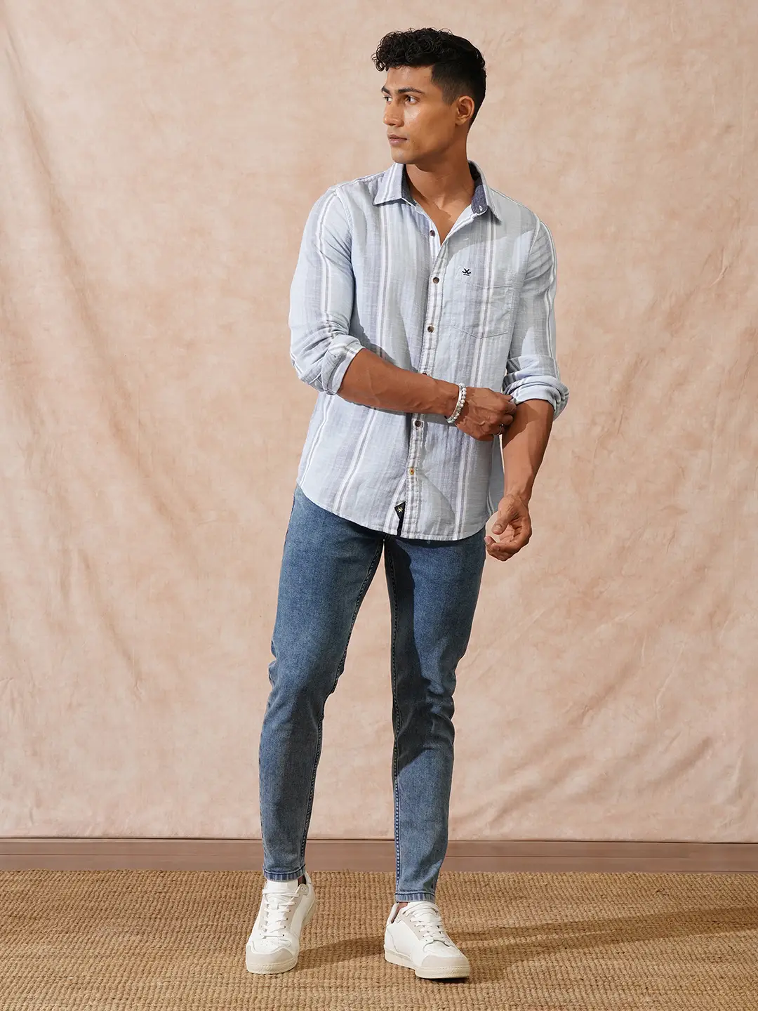 Casual Striped Herringbone Shirt | Light Blue - Image 2