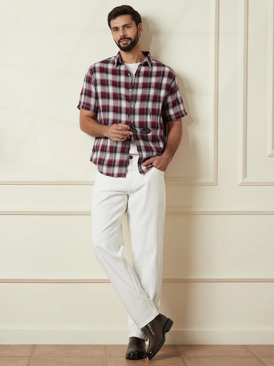 Checked Open Dobby Shirt | Maroon - Image 3