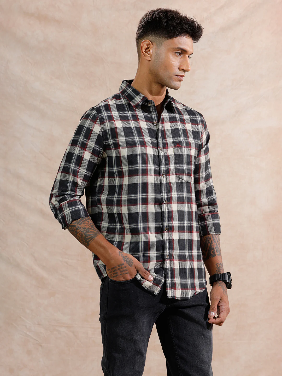 Checked Dobby Regular Fit Shirt  | Navy Blue - Image 4
