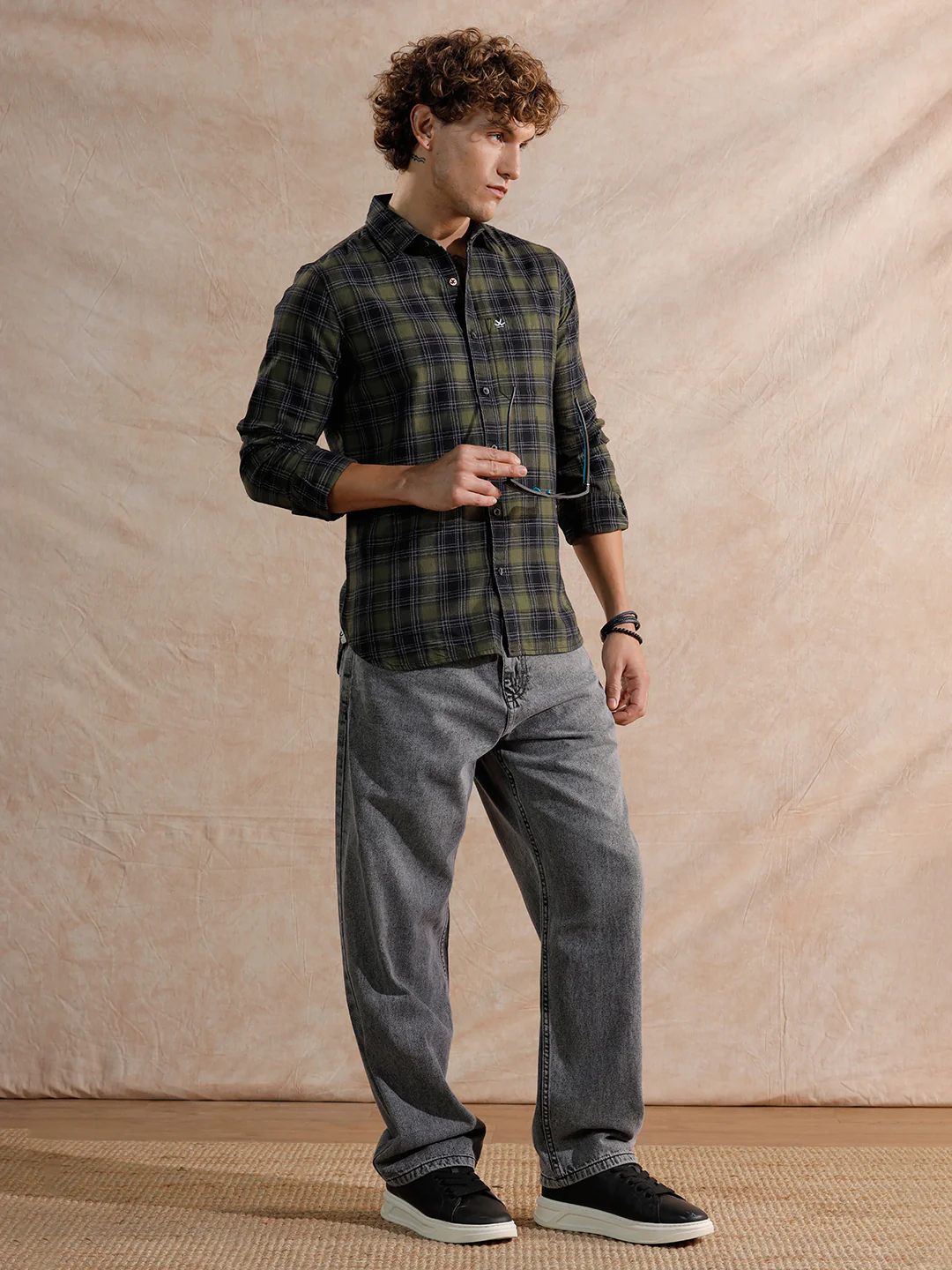 Tonal Herringbone Checked Fit Shirt | Green - Image 2