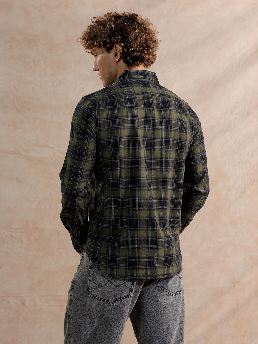 Tonal Herringbone Checked Fit Shirt | Green - Image 3