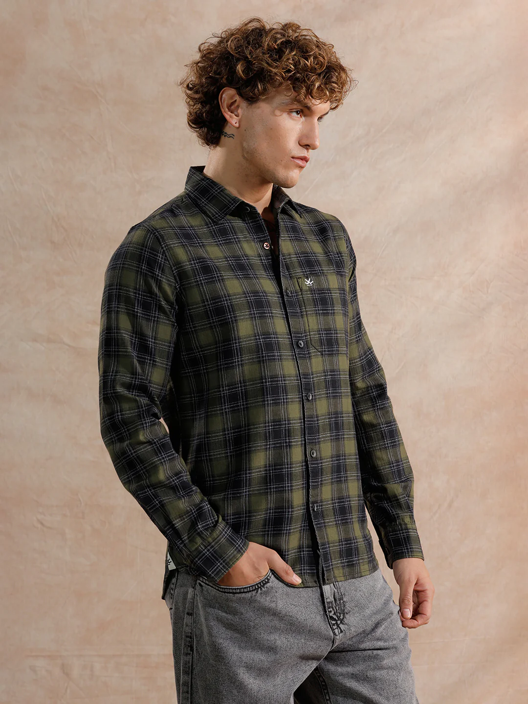 Tonal Herringbone Checked Fit Shirt | Green - Image 4