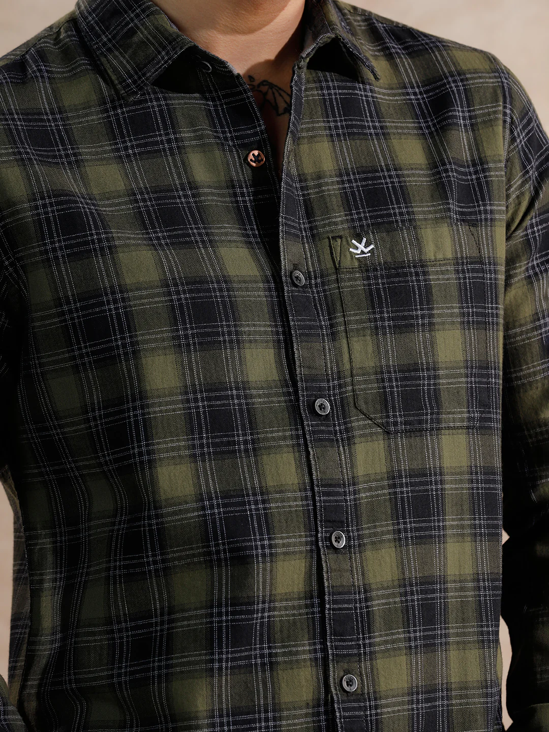 Tonal Herringbone Checked Fit Shirt | Green - Image 5