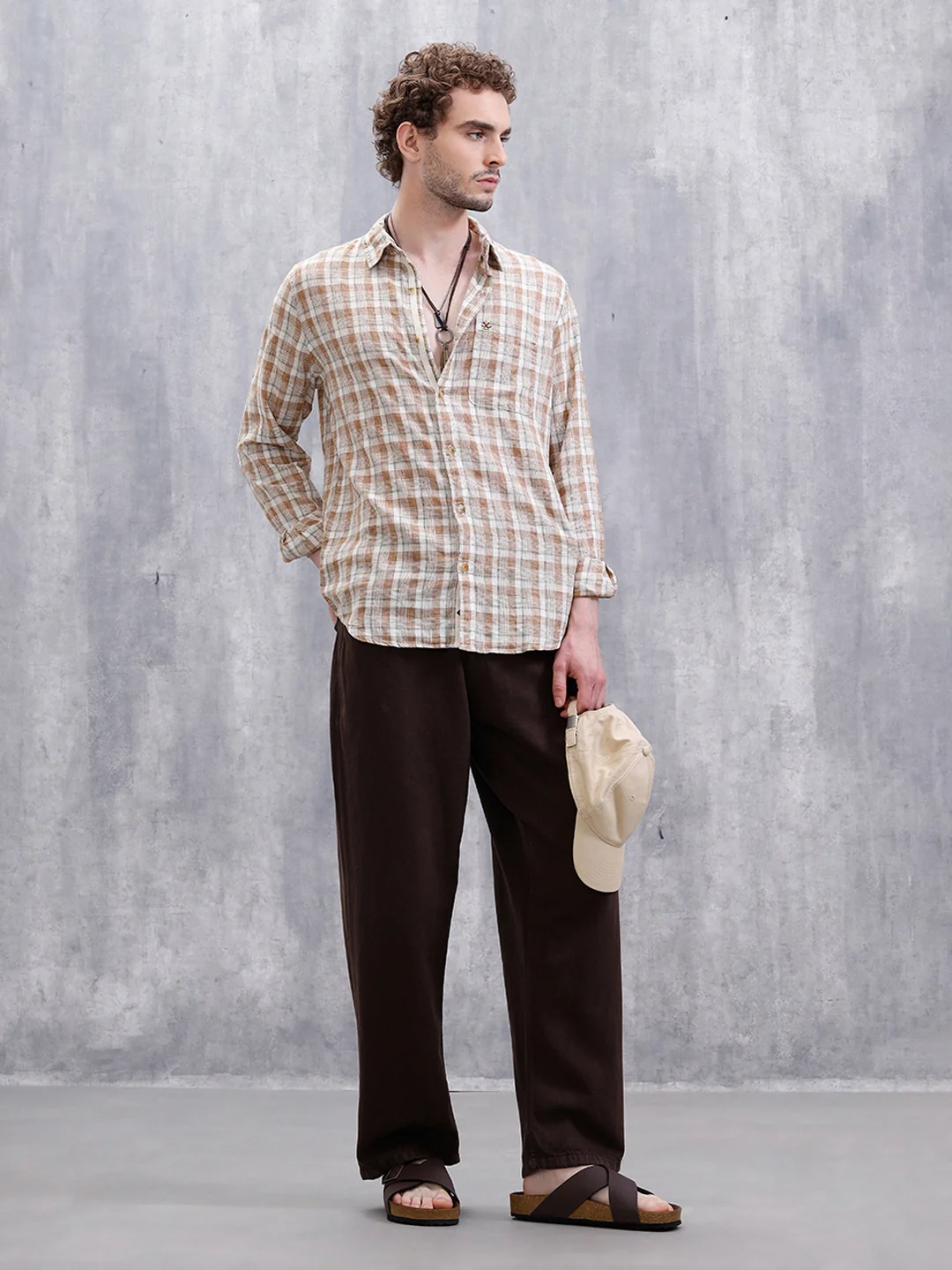 Checked Linen Blend Shirt  | Khaki - Image 2