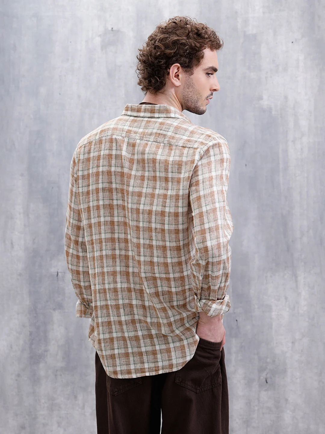 Checked Linen Blend Shirt  | Khaki - Image 3